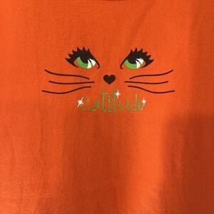 Halloween Catitude Orange T-shirt‎ Green Eyes Cat Women's 3x 22W-24W Glitter